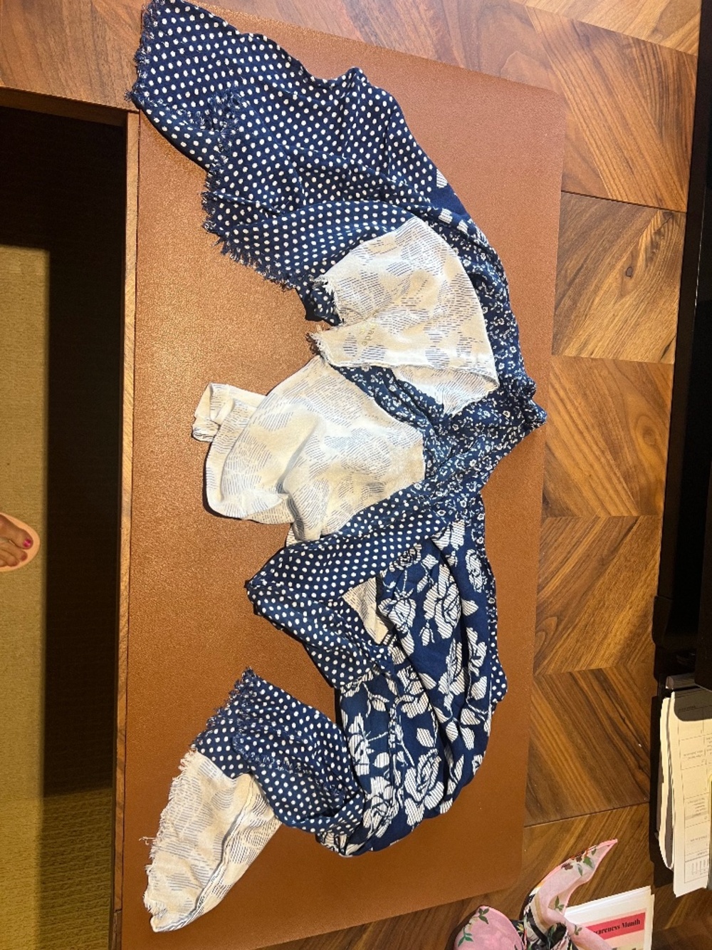 Kate Spade Navy Blue White Rose Patchwork Mixed Dot Oblong Scarf
